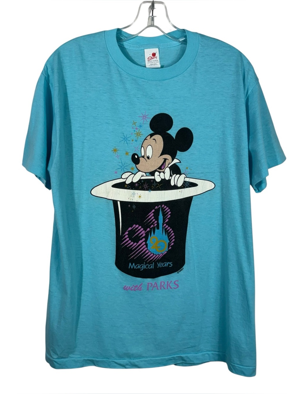 Vintage 80s Disney Parks 20 Years Mickey Mouse Teal Blue USA Made Unisex Tee XL